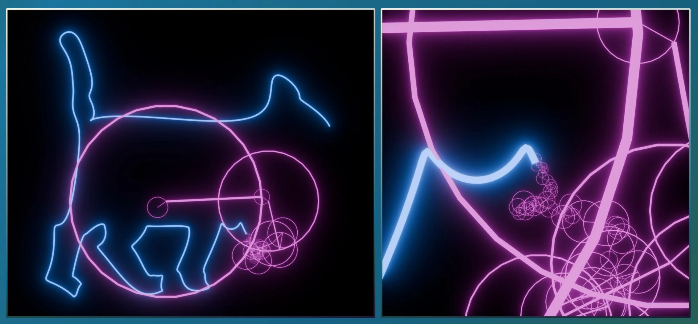 An outline of a blue cat constructed as a stroke of 80 glowing pink circles.